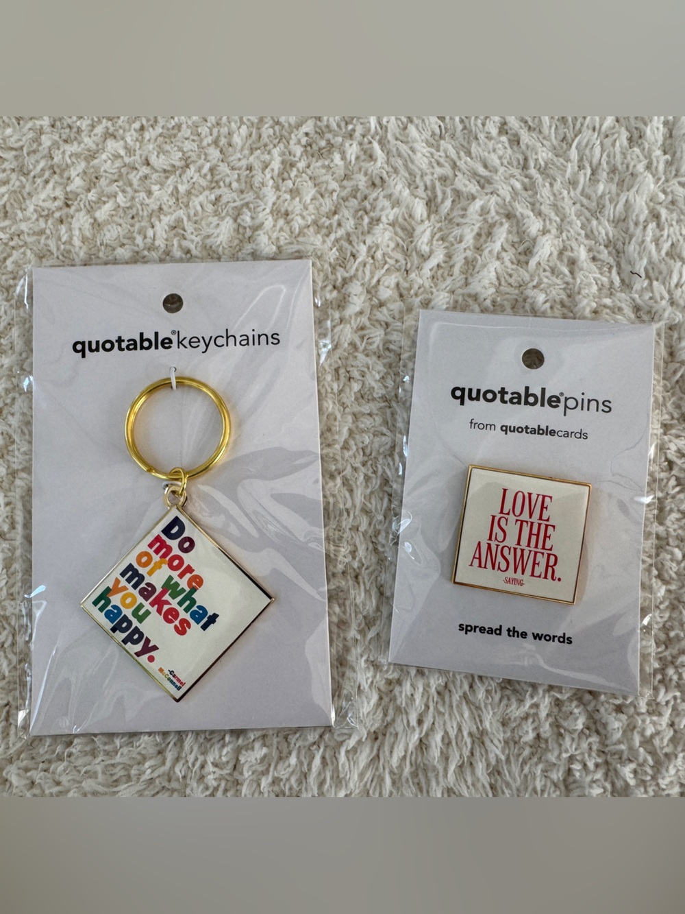 Quotable Cards Keychain & Pin Set – “Do More of What Makes You Happy” + “Love Is
